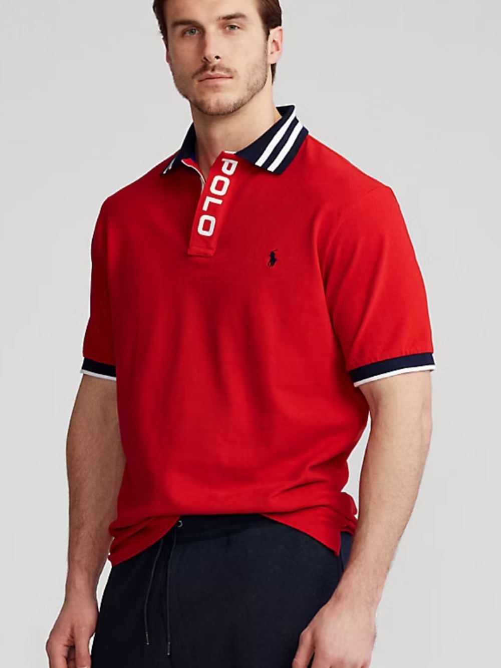 Polo Ralph Lauren Custom Slim Fit Striped Collar Mesh Polo Shirt Red Medium